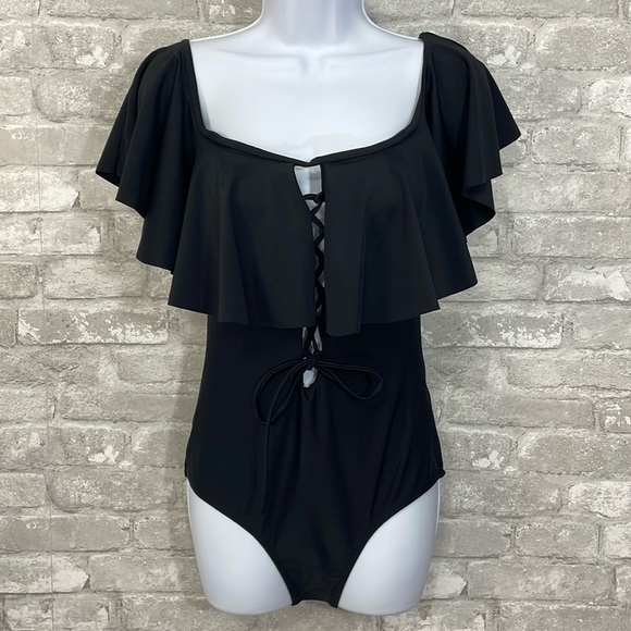 Tempt Me Lace-Up Front Off Shoulder Ruffle One Piece Swimsuit - Picture 1 of 10